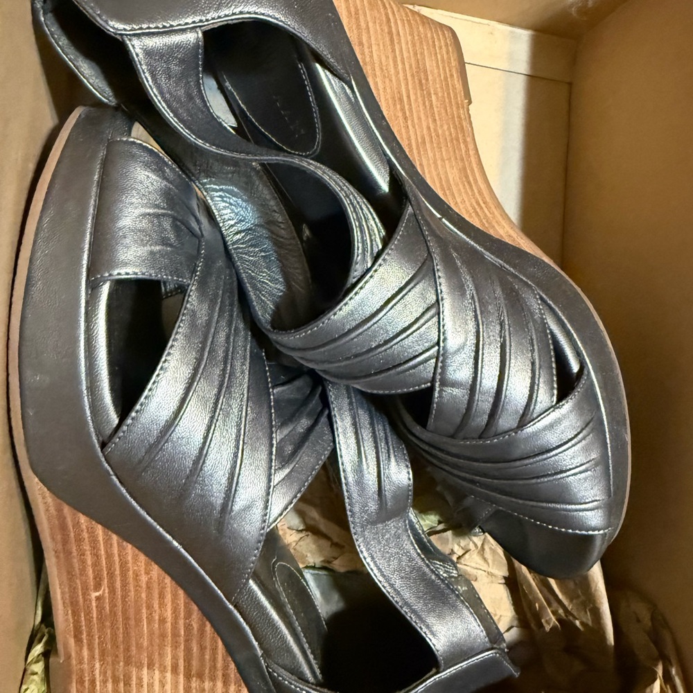 Cole Haan Black Wedge Shoes with Peep-Toe Design